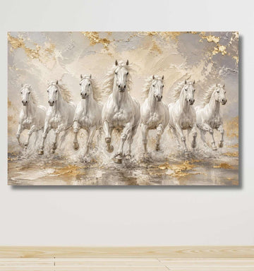 Horse Painting For Wall Decoration | 7 Horses Painting With Gold Accents For Living Room | KunjCart