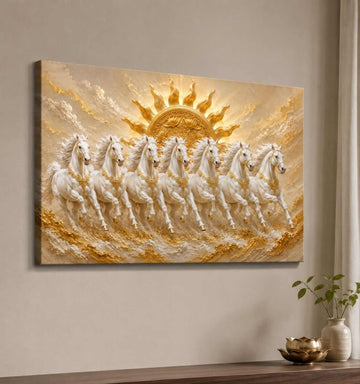 Horse Painting For Wall Decoration | 7 Horses Painting With Golden Sun For Living Room | KunjCart