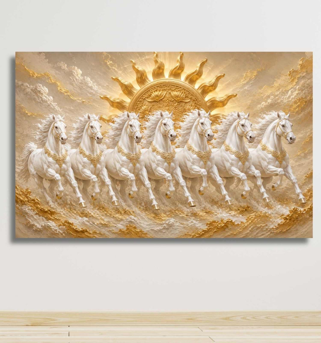Horse Painting For Wall Decoration | 7 Horses Painting With Golden Sun For Living Room | KunjCart