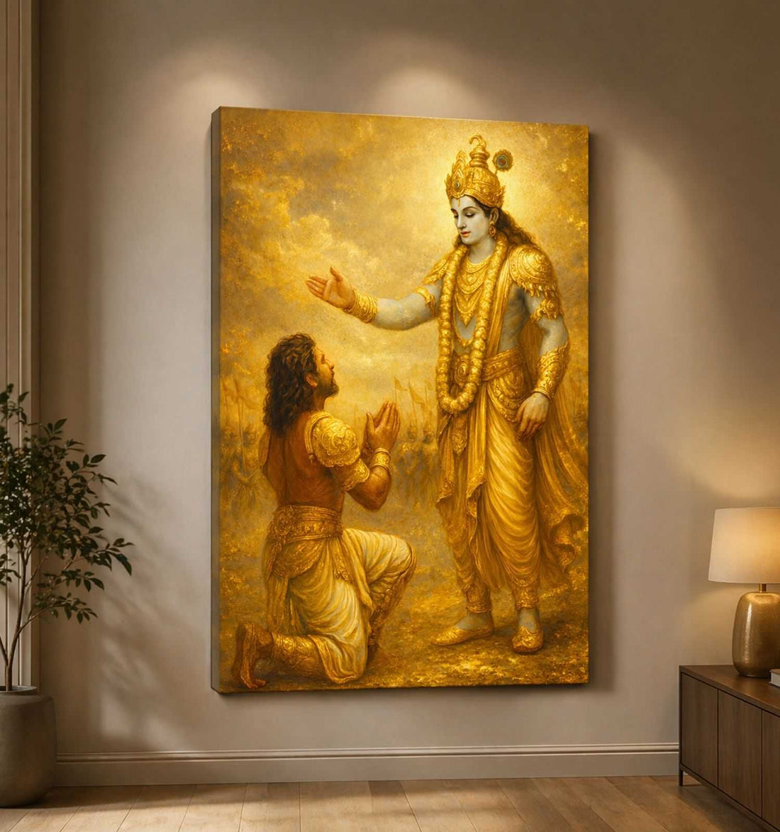KUNJ CART – Krishna Arjun Painting with Spiritual Dialogue Scene | Golden Mahabharat Painting on Canvas Wall Art for Home Decor