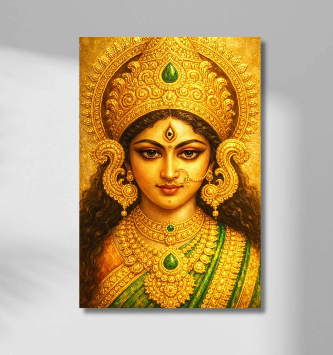 Durga Canvas Painting | Traditional Abstract Maa Durga Painting on Canvas with Green & Gold Color Tones, Royal Look, HD Quality Wall Art for Home or Office