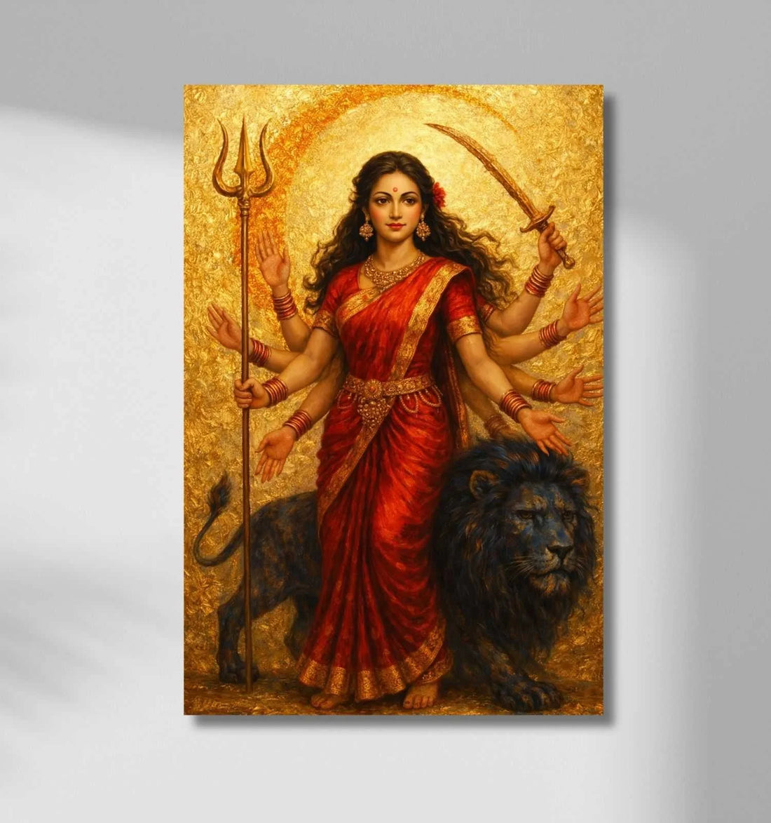 Maa Durga Canvas Painting for Wall Decoration | Red Saree Maa Durga with Lion | Abstract Background