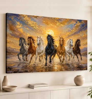 Horse Painting For Wall Decoration | 7 Horses Painting With Golden Sunset, Vastu Canvas – KunjCart