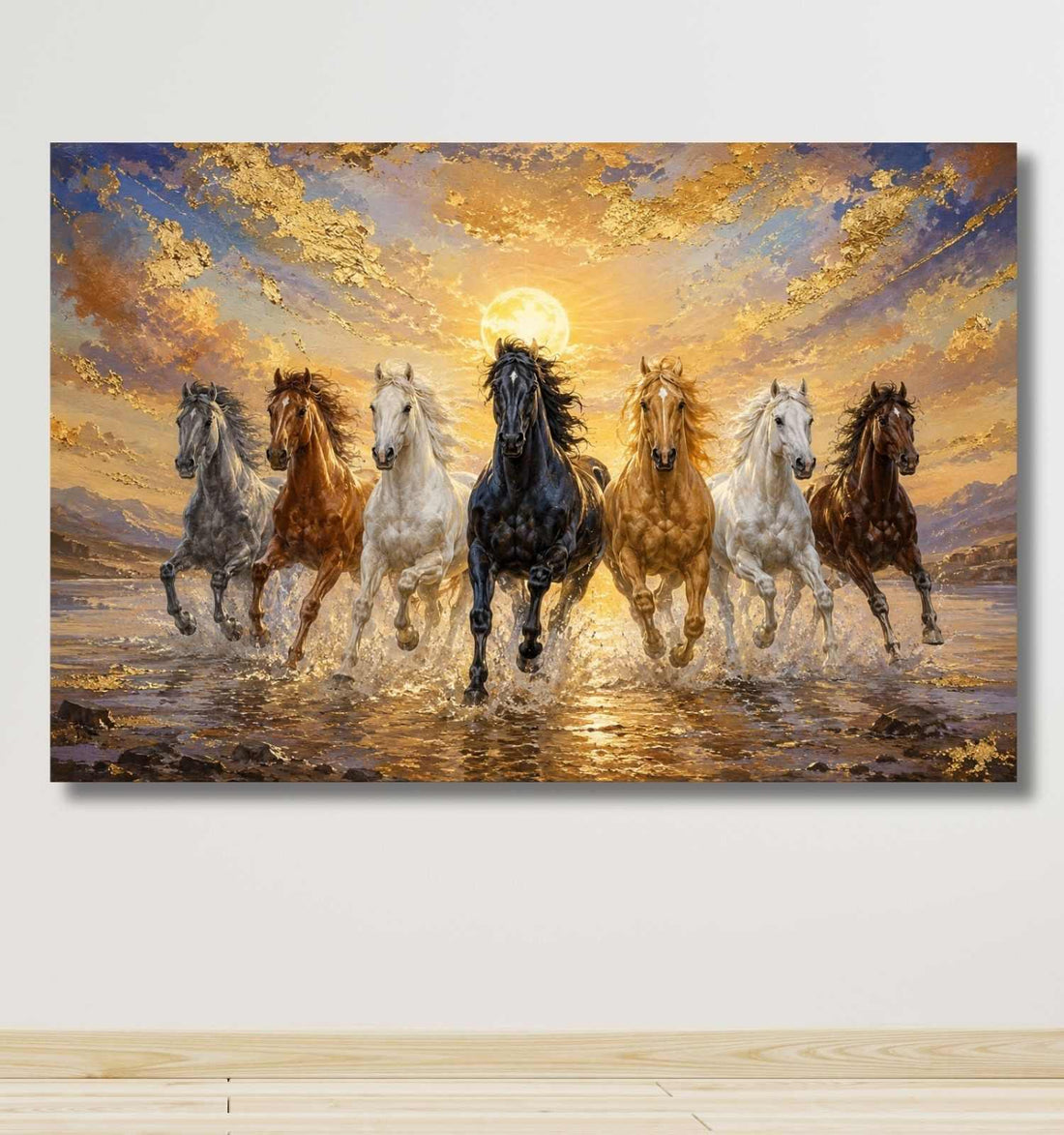Horse Painting For Wall Decoration | 7 Horses Painting With Golden Sunset, Vastu Canvas – KunjCart