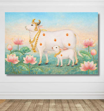 Kamdhenu Cow Painting Vastu with Calf & Lotus Flowers Blue Background | Kamdhenu Cow Painting | Cow Painting for Wall Decoration – KunjCart