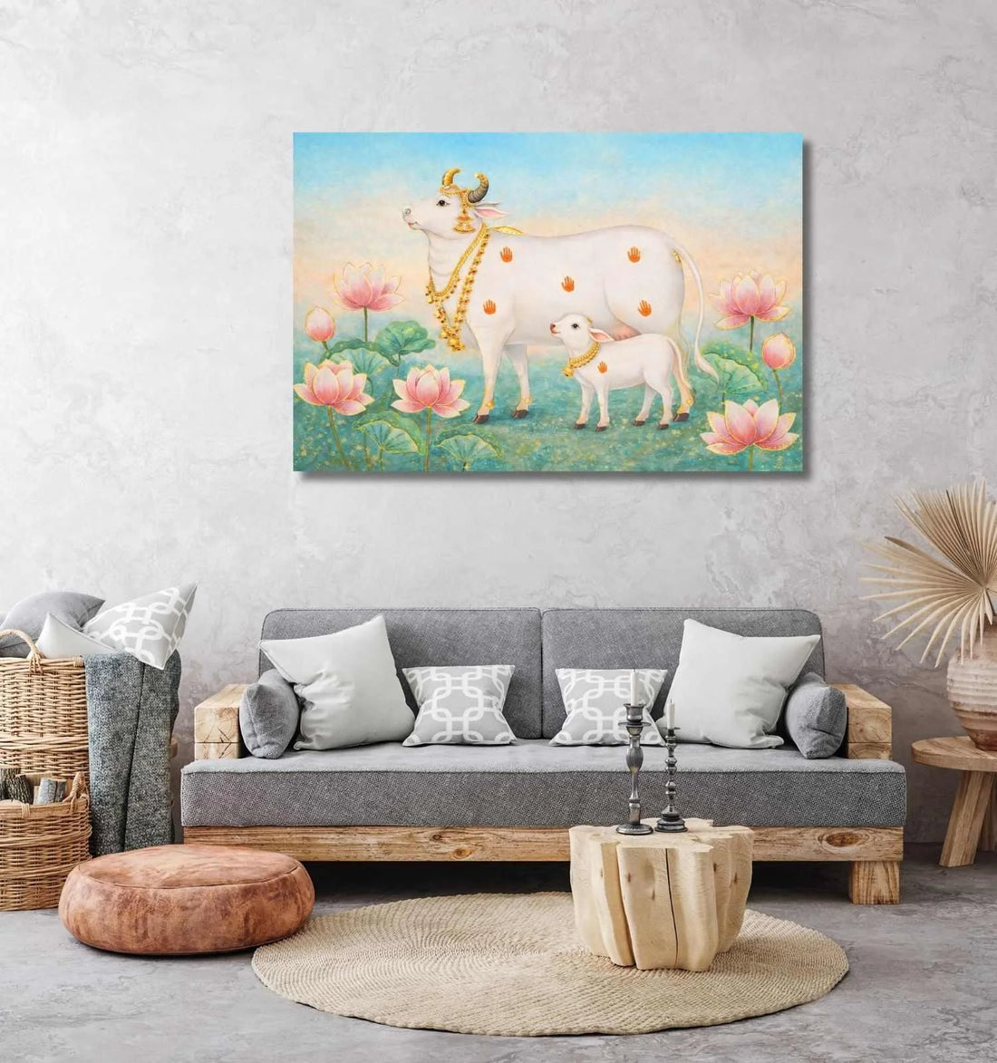 Kamdhenu Cow Painting Vastu with Calf & Lotus Flowers Blue Background | Kamdhenu Cow Painting | Cow Painting for Wall Decoration – KunjCart