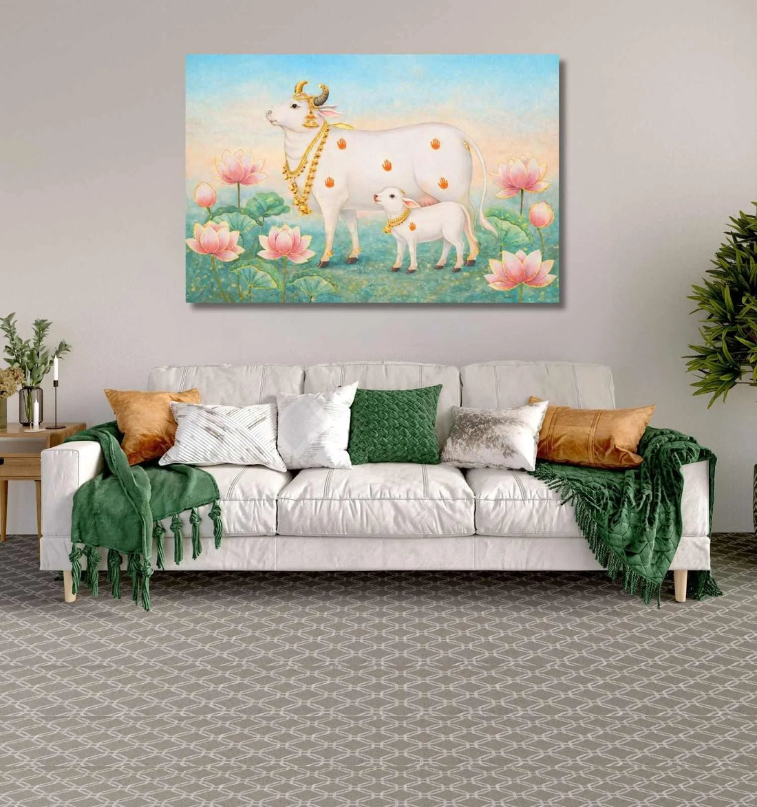 Kamdhenu Cow Painting Vastu with Calf & Lotus Flowers Blue Background | Kamdhenu Cow Painting | Cow Painting for Wall Decoration – KunjCart