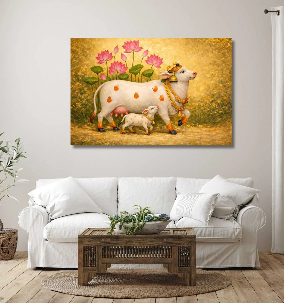 Kamdhenu Cow Painting Vastu with Calf & Lotus Flowers Golden Background | Kamdhenu Cow Painting | Cow Painting for Wall Decoration – KunjCart