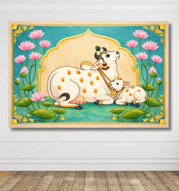 KUNJ CARTKamdhenu Cow Painting Vastu with Calf & Lotus Temple Frame | Kamdhenu Cow Painting | Cow Painting for Wall Decoration