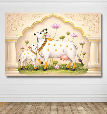 Kamdhenu Cow Painting Vastu with Calf Lotus Temple Arch | Kamdhenu Cow Painting | Cow Painting for Wall Decoration – KunjCart
