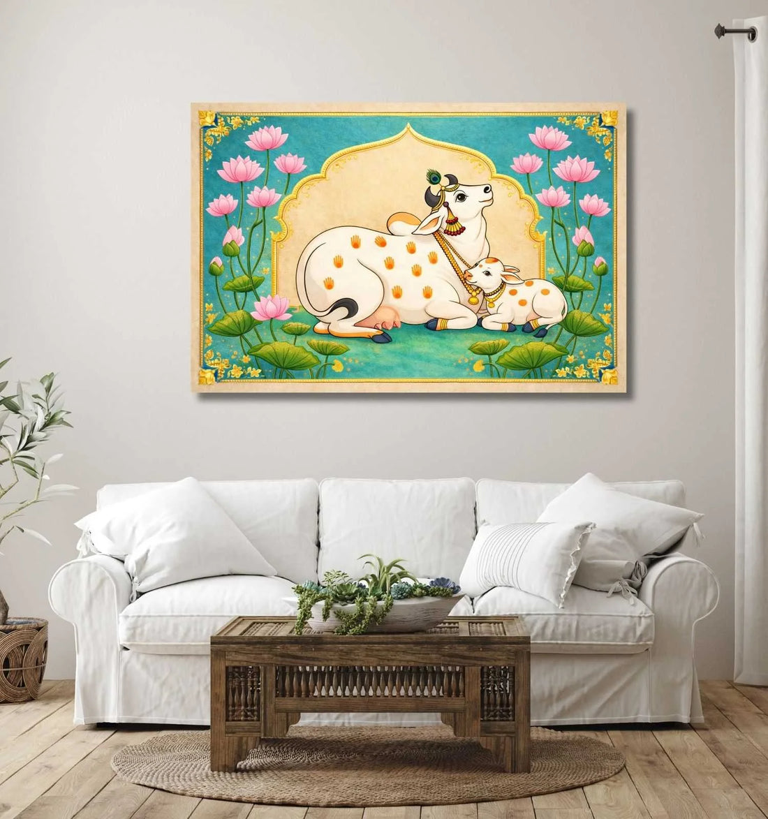 KUNJ CARTKamdhenu Cow Painting Vastu with Calf & Lotus Temple Frame | Kamdhenu Cow Painting | Cow Painting for Wall Decoration