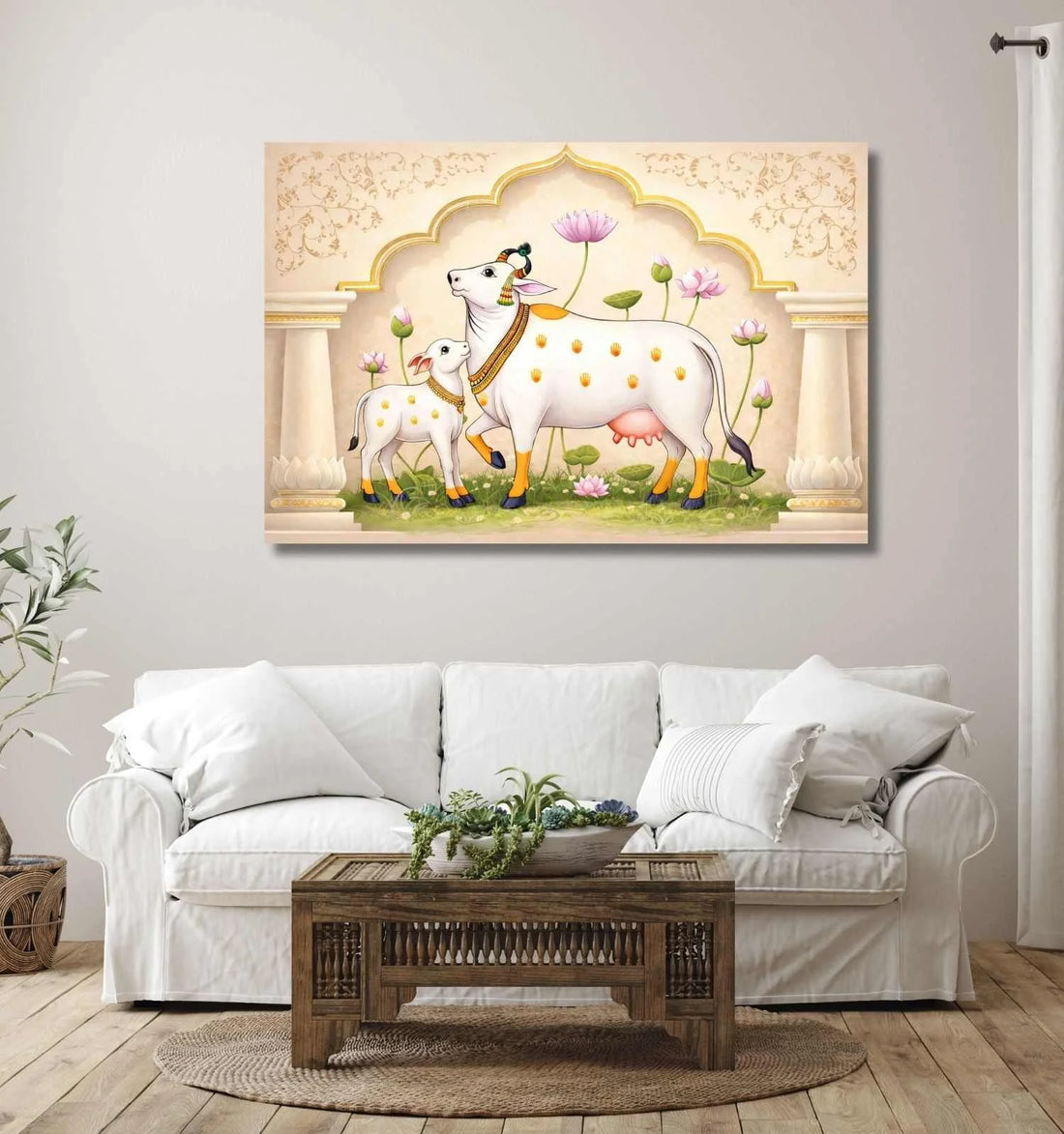 Kamdhenu Cow Painting Vastu with Calf Lotus Temple Arch | Kamdhenu Cow Painting | Cow Painting for Wall Decoration – KunjCart