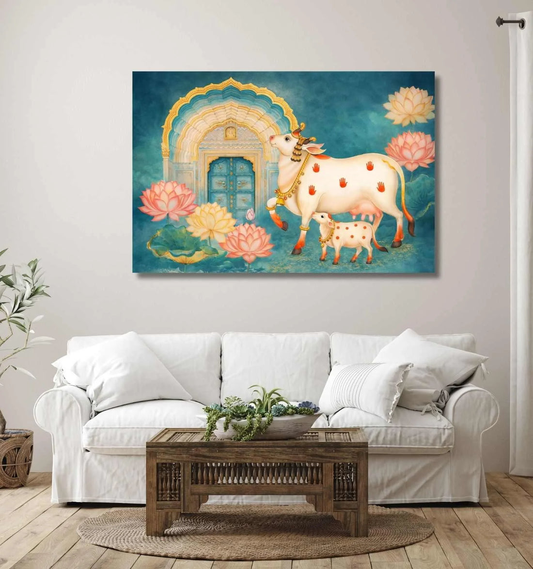KUNJ CART Kamdhenu Cow Painting Vastu with Calf Lotus Temple Background | Kamdhenu Cow Painting | Cow Painting for Wall Decoration