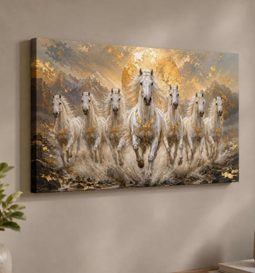 KunjCart Running Horse Painting, 7 Horse Painting With Frame For Vastu, Golden Sun Mountain Canvas Art For Living Room