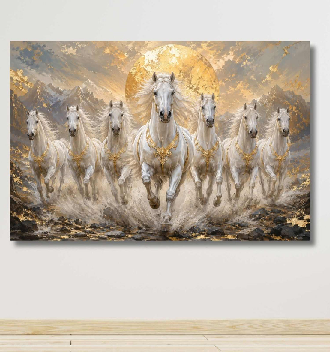 KunjCart Running Horse Painting, 7 Horse Painting With Frame For Vastu, Golden Sun Mountain Canvas Art For Living Room