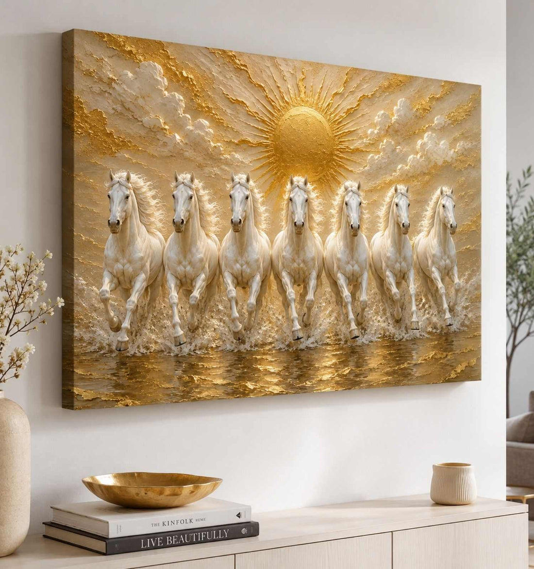 KunjCart Running Horse Painting, 7 Horse Painting With Frame For Vastu, Golden Sun White Horses Canvas Wall Decor