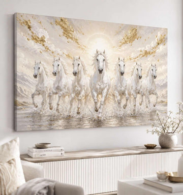 KunjCart Running Horse Painting, 7 Horse Painting With Frame For Vastu, White Canvas Wall Art For Living Room Decor