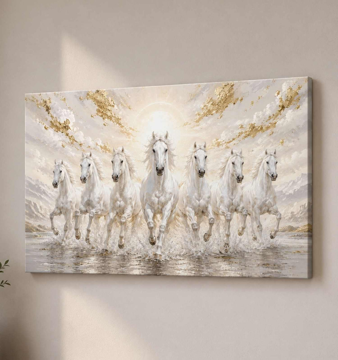 KunjCart Running Horse Painting, 7 Horse Painting With Frame For Vastu, White Canvas Wall Art For Living Room Decor