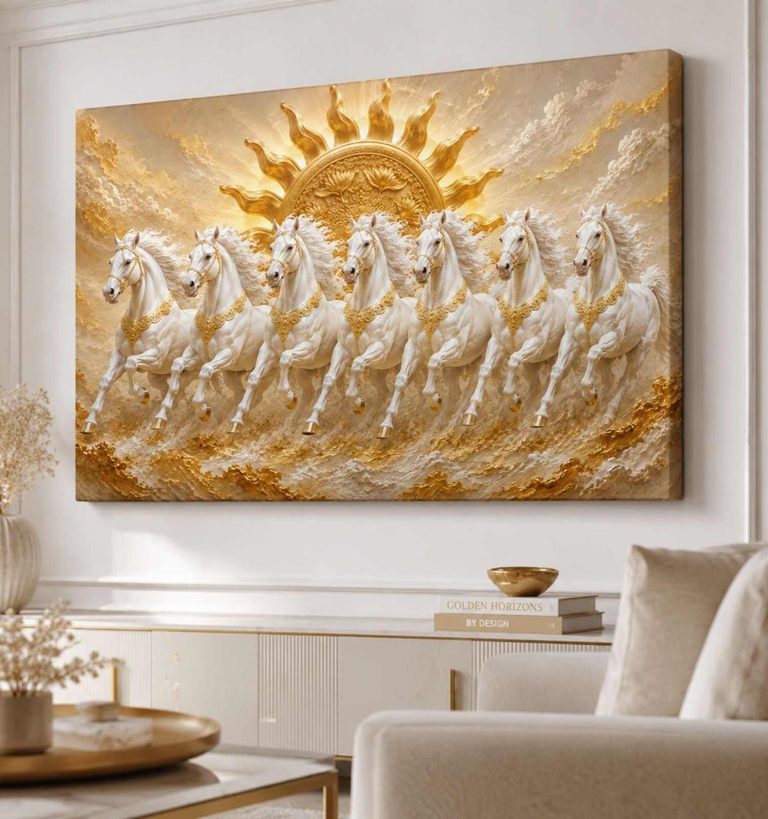 KunjCart Running Horse Painting, 7 Horse Painting With Frame For Vastu, White Horses Canvas Art For Home Decor