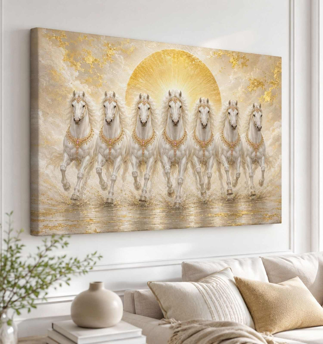 KunjCart Running Horse Painting, 7 Horse Painting With Frame For Vastu, White Horses Canvas Wall Art Home Decor