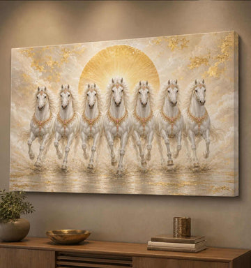 KunjCart Running Horse Painting, 7 Horse Painting With Frame For Vastu, White Horses Canvas Wall Art Home Decor