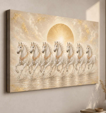 KunjCart Running Horse Painting, 7 Horse Painting With Frame For Vastu, White Horses Golden Sun Canvas Wall Decor