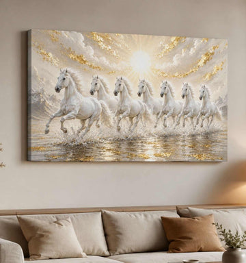 KunjCart Running Horse Painting, 7 Horse Painting With Frame For Vastu, White Horses Golden Sun Canvas Wall Decor