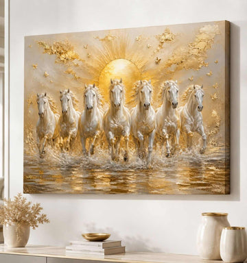 KunjCart Running Horse Painting, 7 Horse Painting With Frame For Vastu, White Horses Golden Sun Canvas Wall Decor
