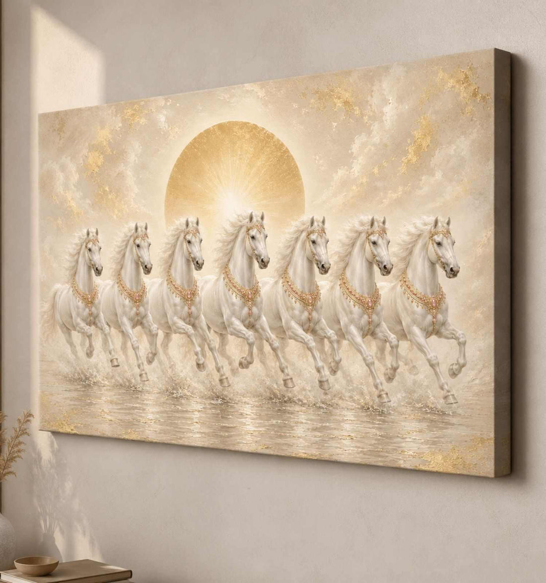 KunjCart Running Horse Painting | 7 Horse Painting With Frame For Vastu | White Horses Golden Sun Canvas Wall Decor