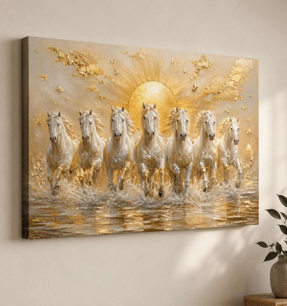 KunjCart Running Horse Painting, 7 Horse Painting With Frame For Vastu, White Horses Golden Sun Canvas Wall Decor