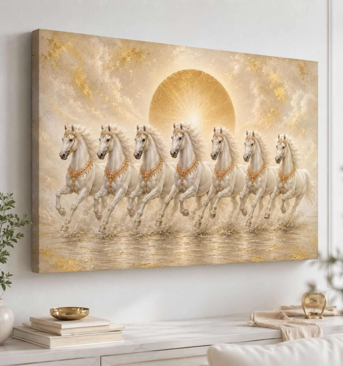 KunjCart Running Horse Painting, 7 Horse Painting With Frame For Vastu, White Horses Golden Sun Canvas Wall Decor