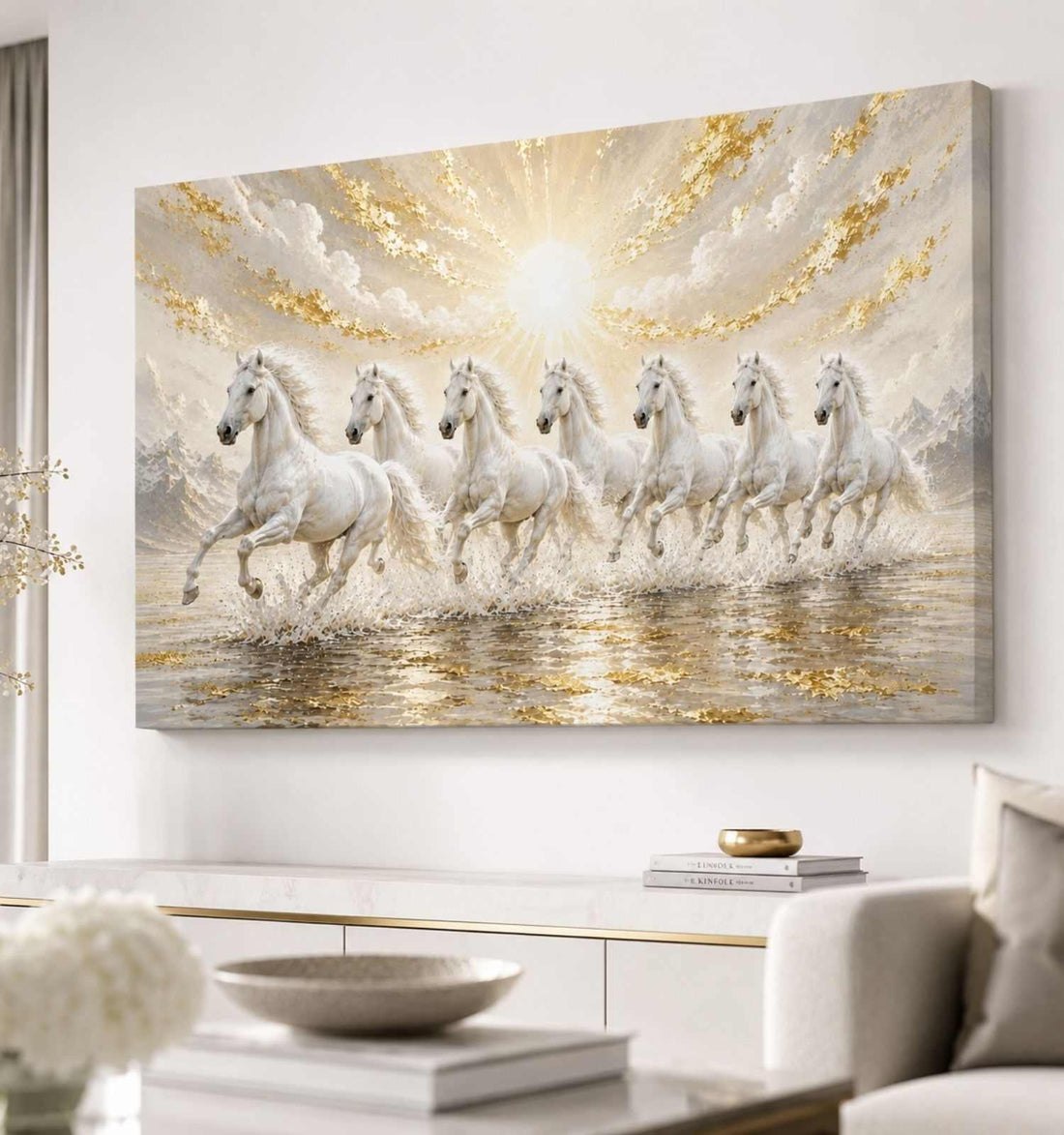KunjCart Running Horse Painting, 7 Horse Painting With Frame For Vastu, White Horses Golden Sun Canvas Wall Decor