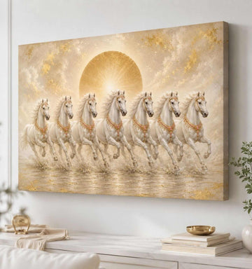 KunjCart Running Horse Painting | 7 Horse Painting With Frame For Vastu | White Horses Golden Sun Canvas Wall Decor