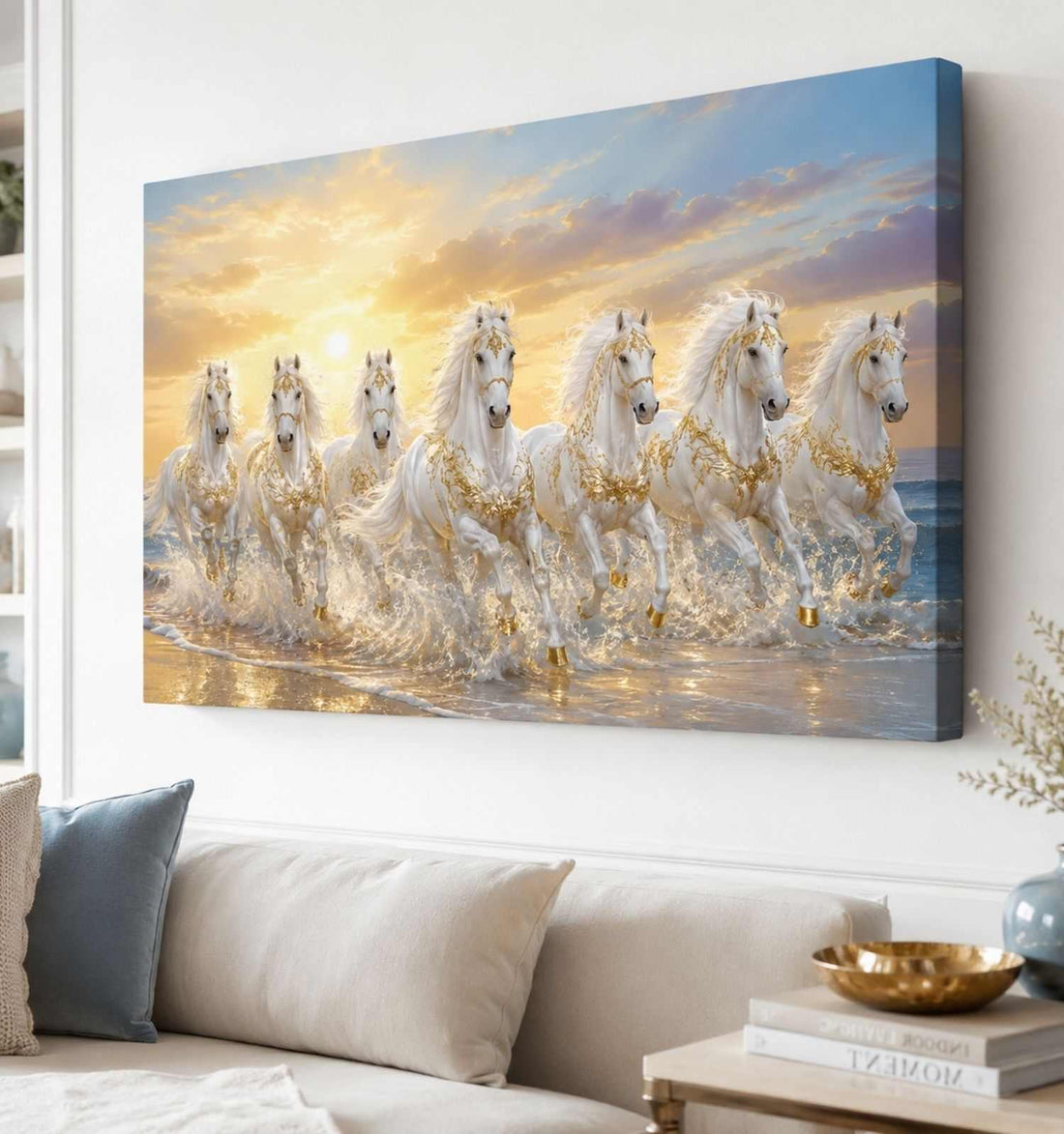 KunjCart Running Horse Painting, 7 Horse Painting With Frame For Vastu, White Horses Golden Sunset Canvas Wall Decor