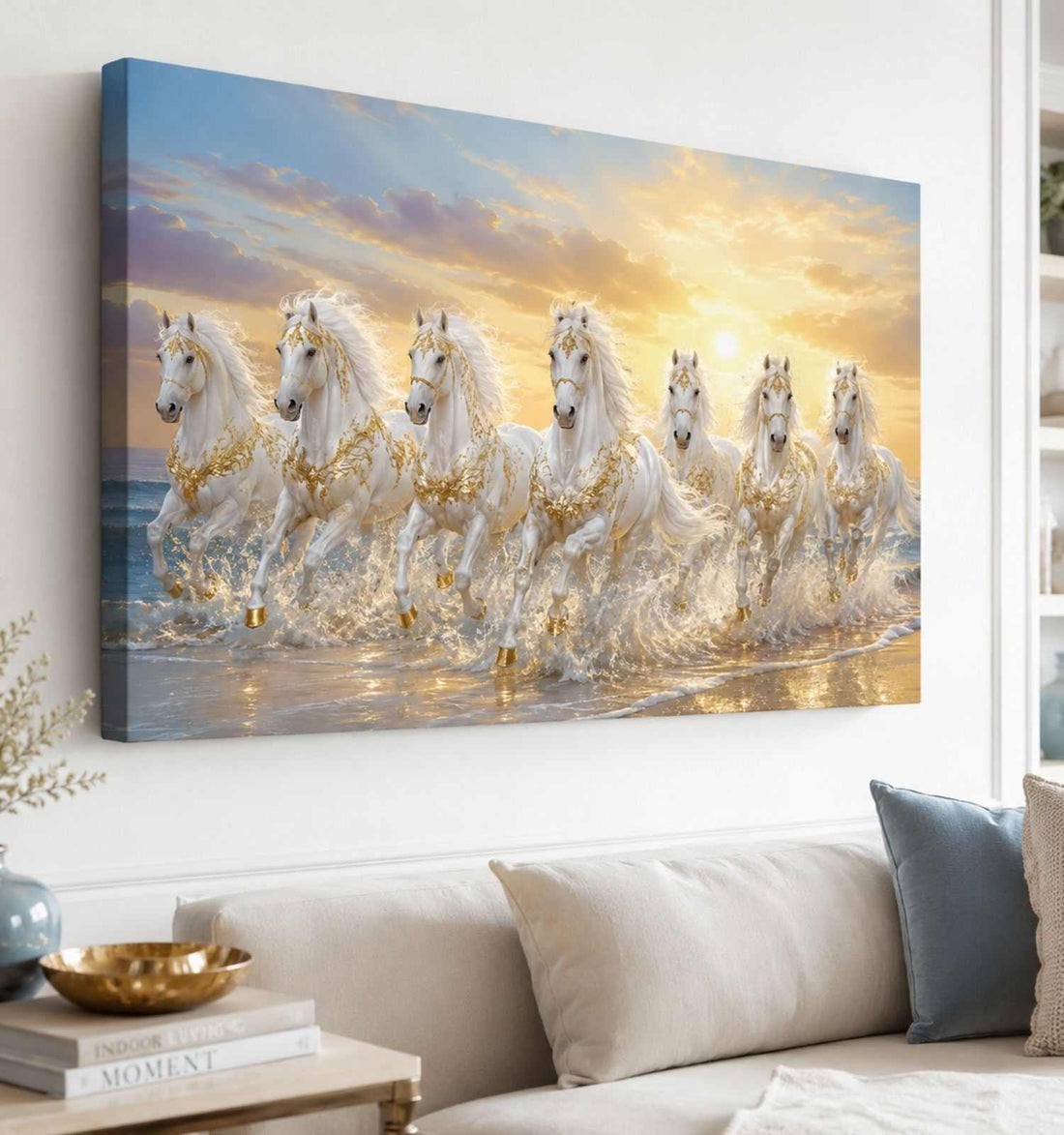 KunjCart Running Horse Painting, 7 Horse Painting With Frame For Vastu, White Horses Golden Sunset Canvas Wall Decor