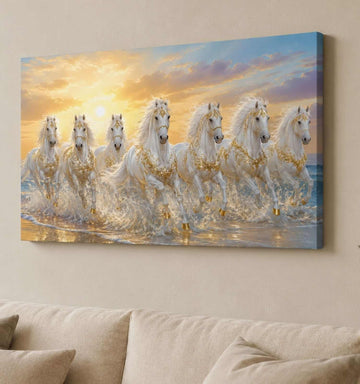 KunjCart Running Horse Painting, 7 Horse Painting With Frame For Vastu, White Horses Golden Sunset Canvas Wall Decor
