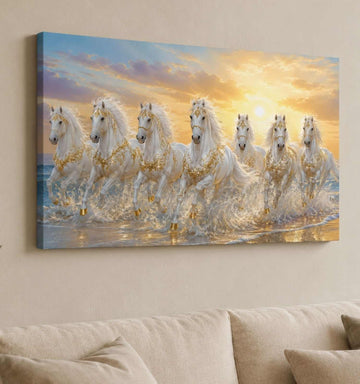KunjCart Running Horse Painting, 7 Horse Painting With Frame For Vastu, White Horses Golden Sunset Canvas Wall Decor