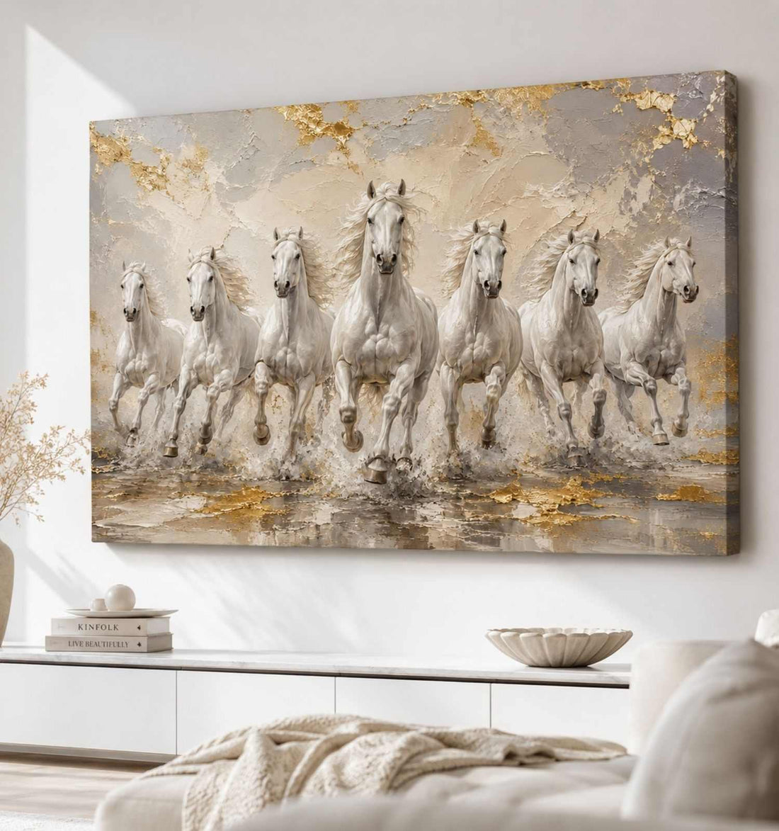 KunjCart Running Horse Painting, 7 Horse Painting With Frame For Vastu, White Horses Water Splash Canvas Wall Art