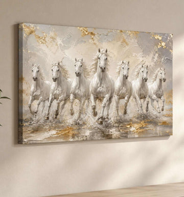 KunjCart Running Horse Painting, 7 Horse Painting With Frame For Vastu, White Horses Water Splash Canvas Wall Art