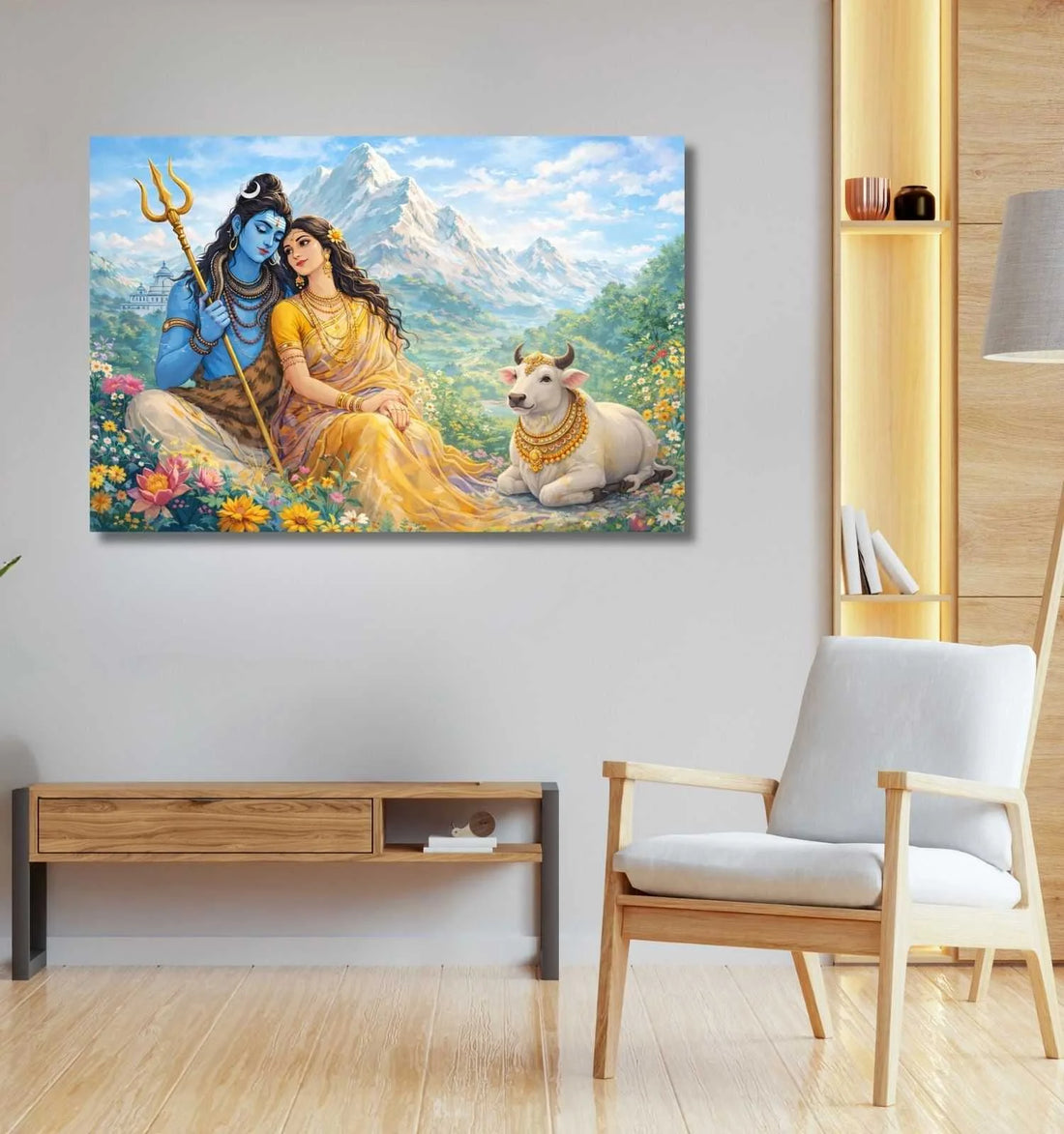 KUNJ CART – Shiv Parvati Canvas Painting | Modern Art Shiv Parvati Abstract Painting with Golden Background & Trishul