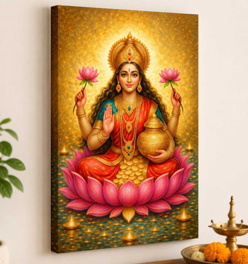 Lakshmi Maa Painting on HD Canvas | Golden Aura, Lotus & Coins Theme | lakshmi devi photo frames