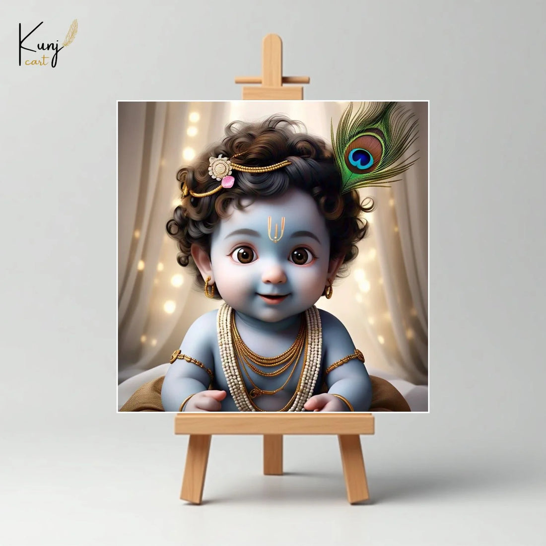 KunjCart Little Cute Krishna Mini Paintings | Set Of 6 HD Prints + 1 Wooden Easel Stand | Table & Gift Decor
