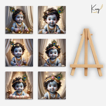 KunjCart Little Cute Krishna Mini Paintings | Set Of 6 HD Prints + 1 Wooden Easel Stand | Table & Gift Decor