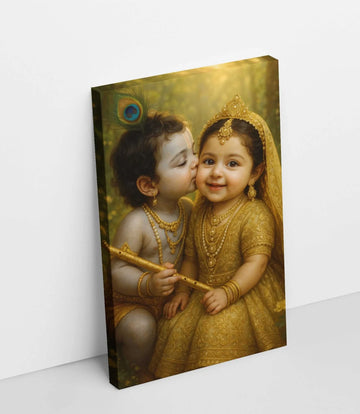 Little Radha Krishna Painting for Kids Room & Wall Décor | Cute Radha Krishna Canvas Art in Golden Traditional Look