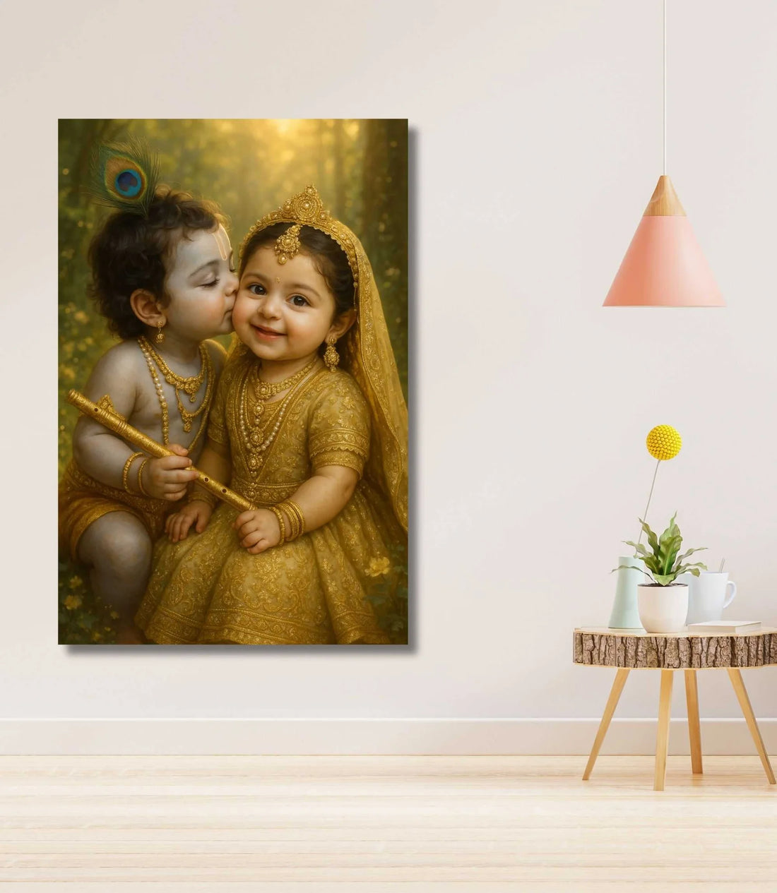 Little Radha Krishna Painting for Kids Room & Wall Décor | Cute Radha Krishna Canvas Art in Golden Traditional Look
