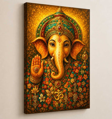 Abstract Ganesha Painting | Spiritual Ganpati Canvas Art in Golden Texture with Floral Motifs | Lord Ganesha Wall Painting for Home & Office