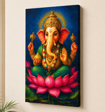 Ganesha Canvas Painting for Wall Decoration | Abstract Lord Ganesha Sitting on Lotus with Modak | Ganpati Canvas Painting for Home Decor