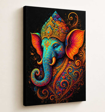 Royal Ganesha Canvas Painting in Vibrant Blue, Orange & Golden Tones | Abstract Ganpati Canvas Painting for Wall Decoration | Lord Ganesha Wall Painting for Home & Office