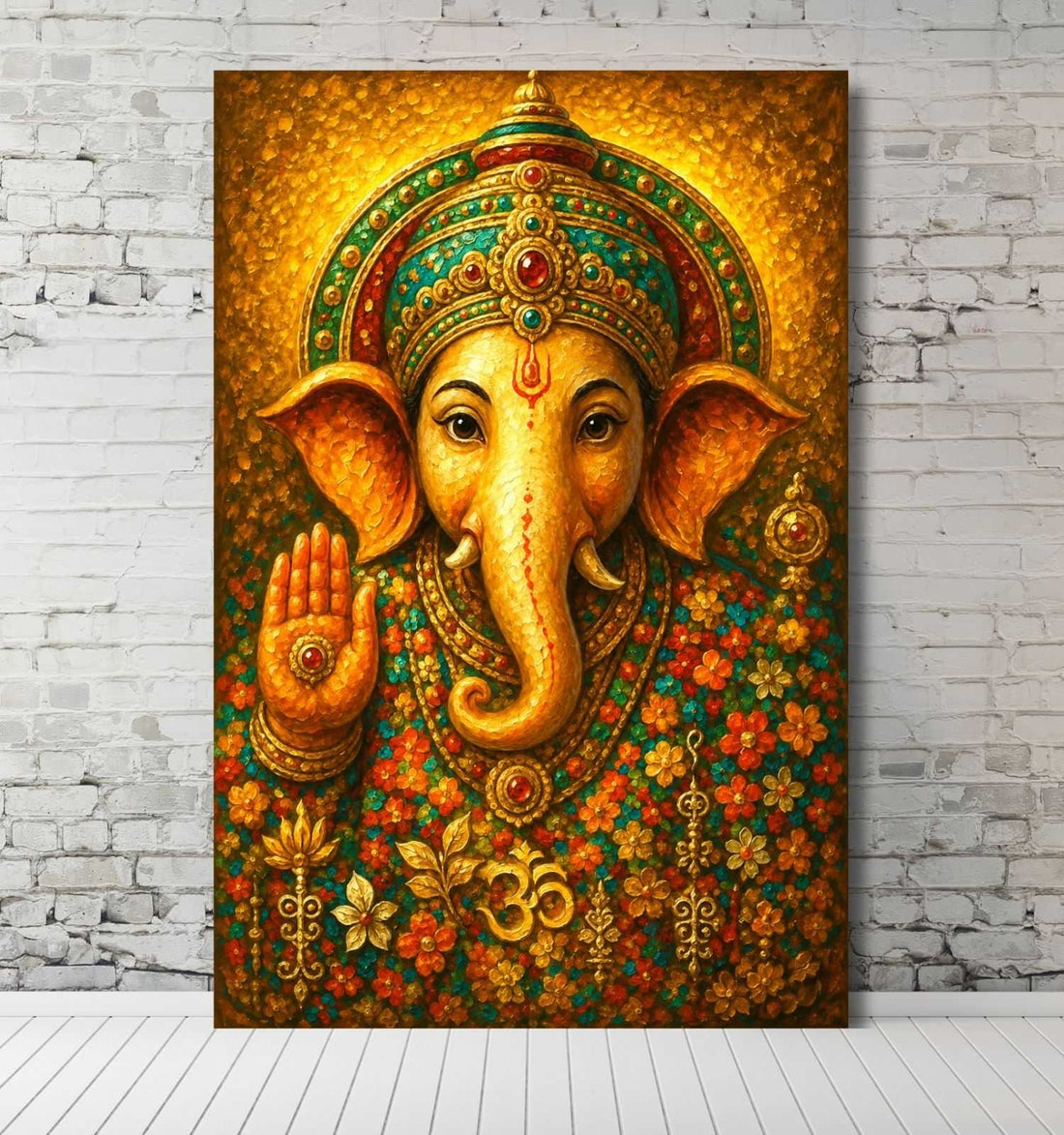 Abstract Ganesha Painting | Spiritual Ganpati Canvas Art in Golden Texture with Floral Motifs | Lord Ganesha Wall Painting for Home & Office