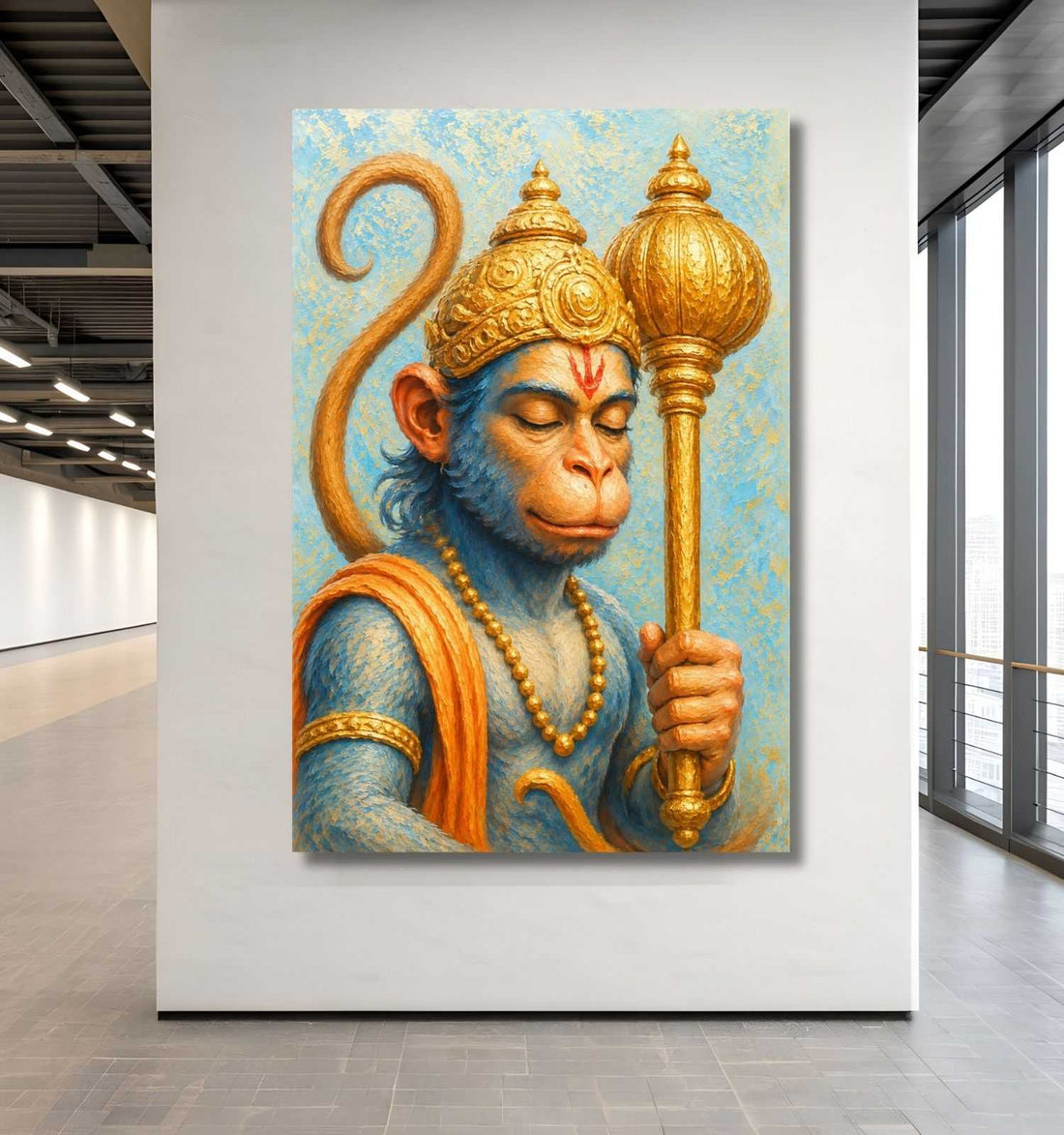Hanuman Canvas Painting | Divine Blue Baby Lord Hanuman with Golden Crown and Gada | Hanuman Painting for Wall